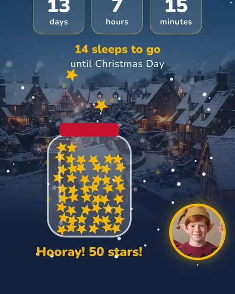 Lily's star jar in the app, full of gold stars, with Pip cheering: Hooray! 50 stars!